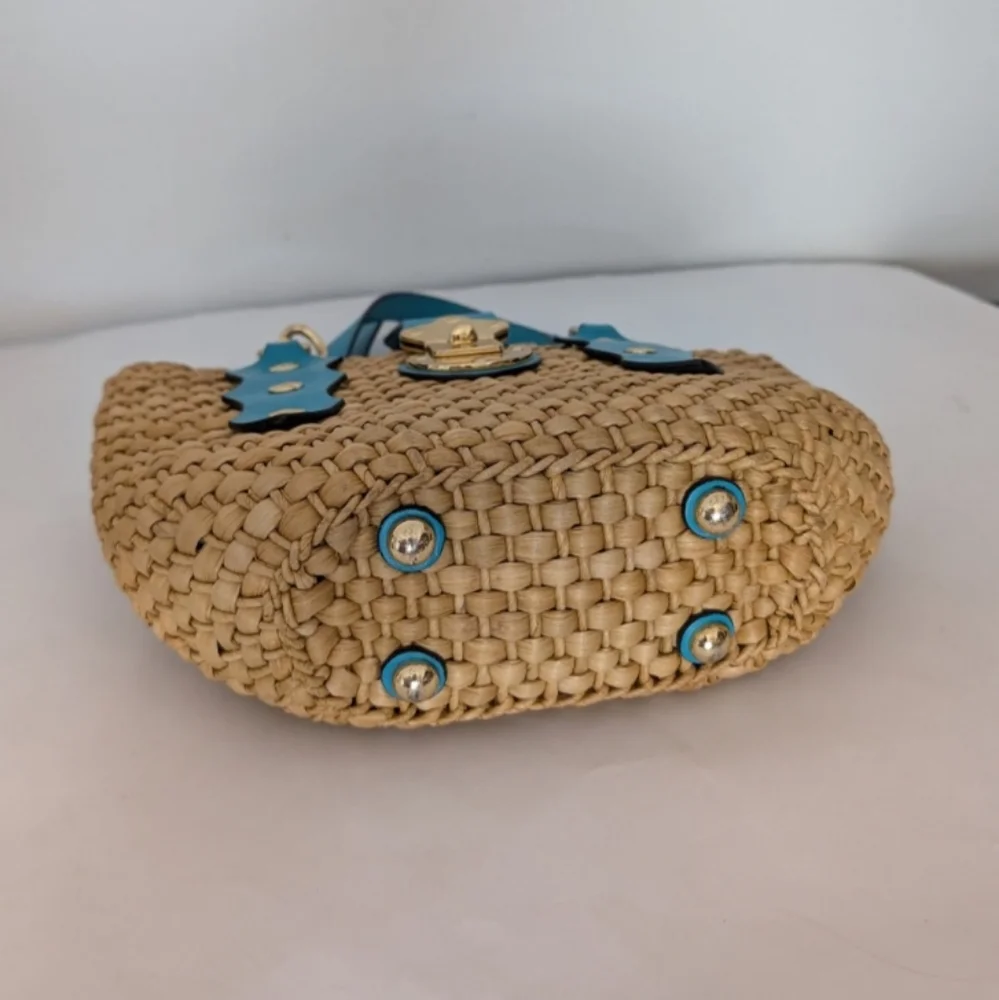 Michael Kors Santorini Straw Handbag Double Teal Leather Gold Chain Straps Rare - Picture 5 of 9